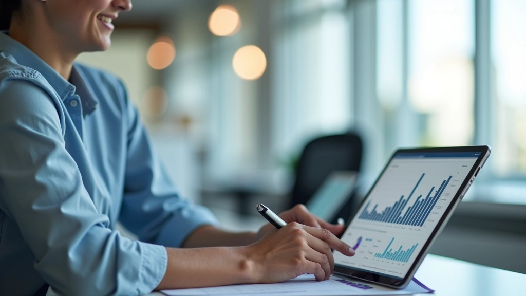 Business professional reviewing organized expense data on tablet in modern office environment